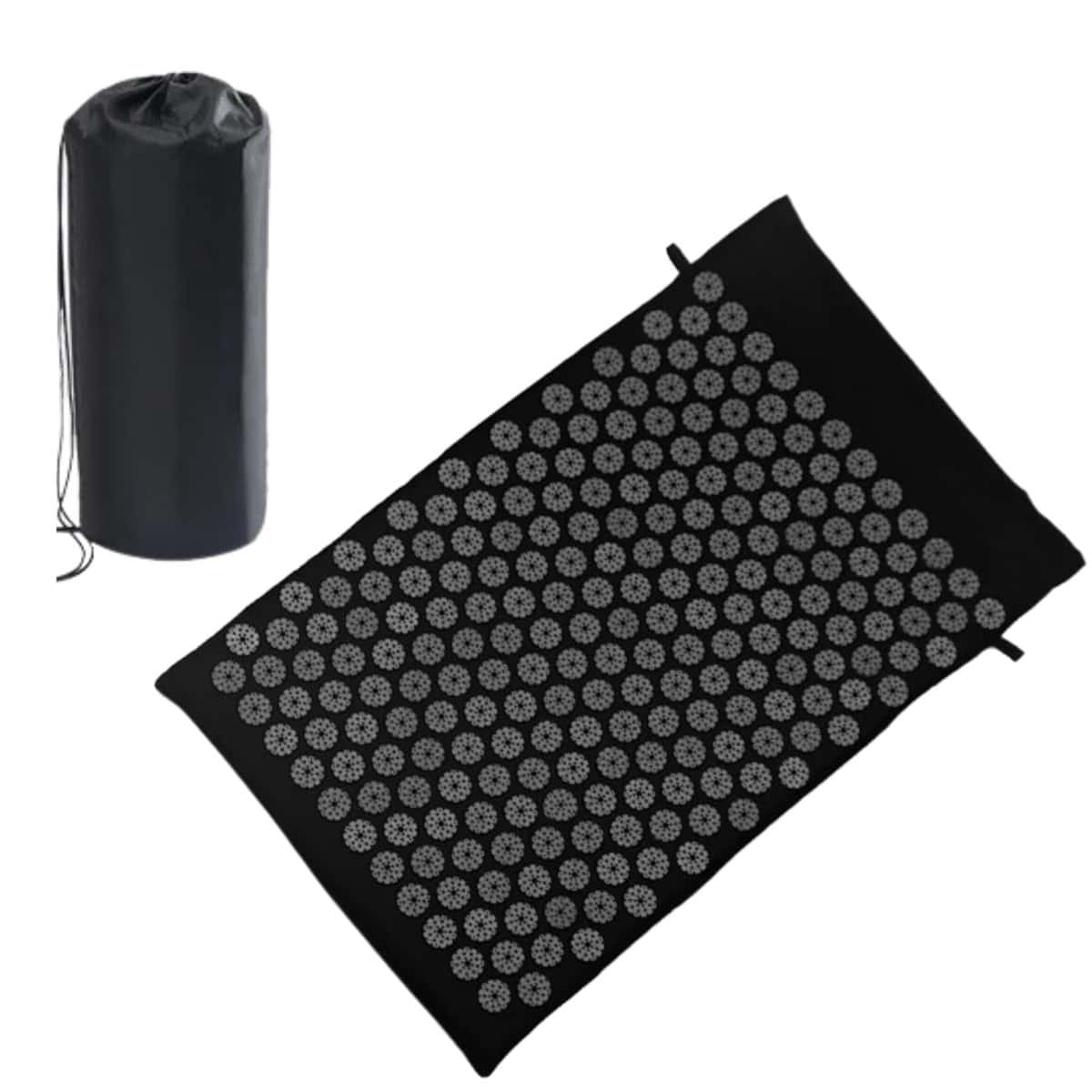 Tapis acupression de massage noir en kit tapis acupression pour massage polyvalent, avec un ensemble tapis et oreiller, 68x42 cm, avec sac de rangement.