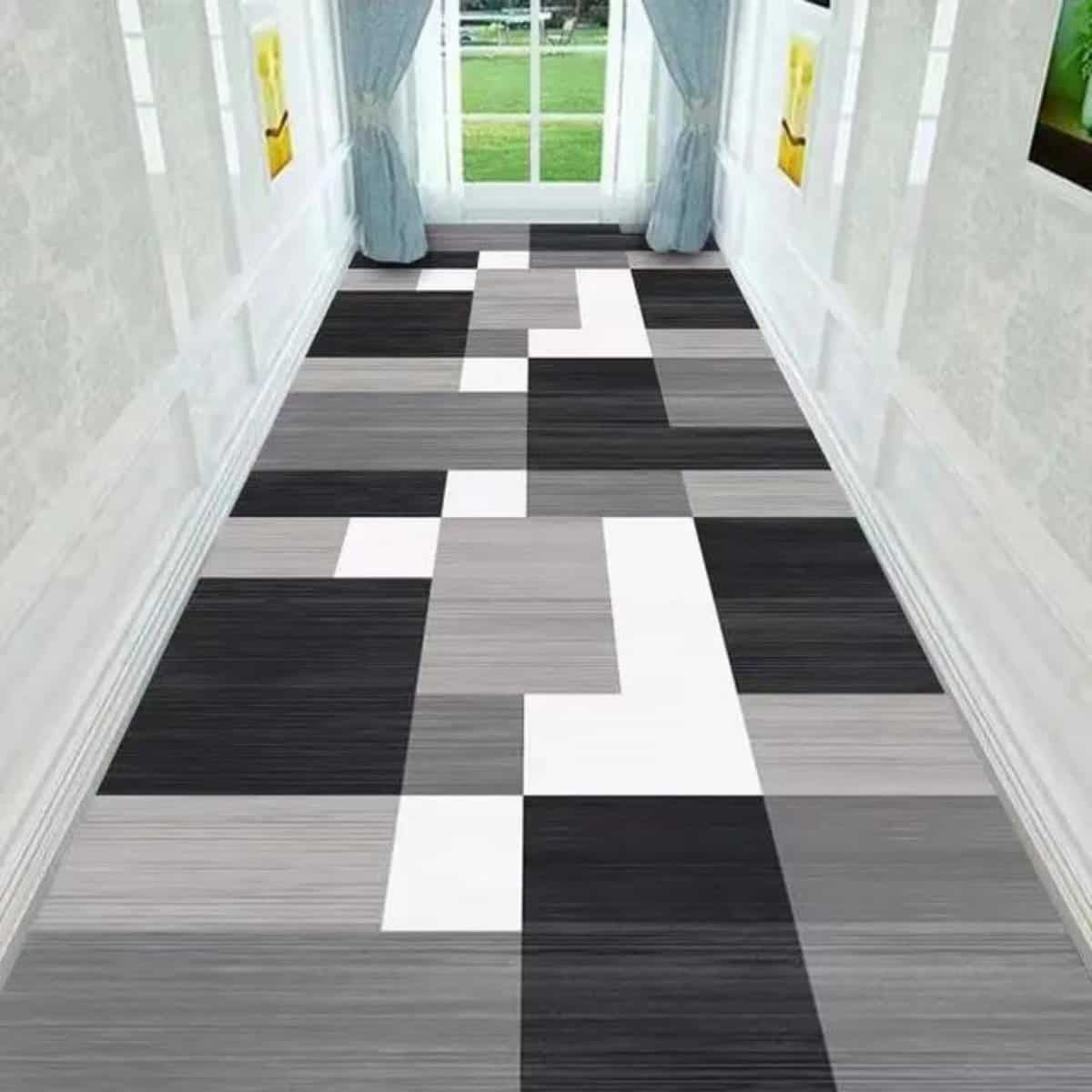 Tapis de couloir noir et blanc Tapis de couloir design géométrique en damier, nuances de noir, blanc et gris, effet bois texturé, idéal pour un style moderne et élégant. Parfait pour toute pièce, durable et facile à entretenir.