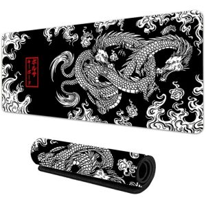 tapis de souris XXL gamer avec motif dragon japonais de grande taille. Fabriqué en caoutchouc durable, antidérapant et imperméable, il est compatible avec tous types de souris et claviers.