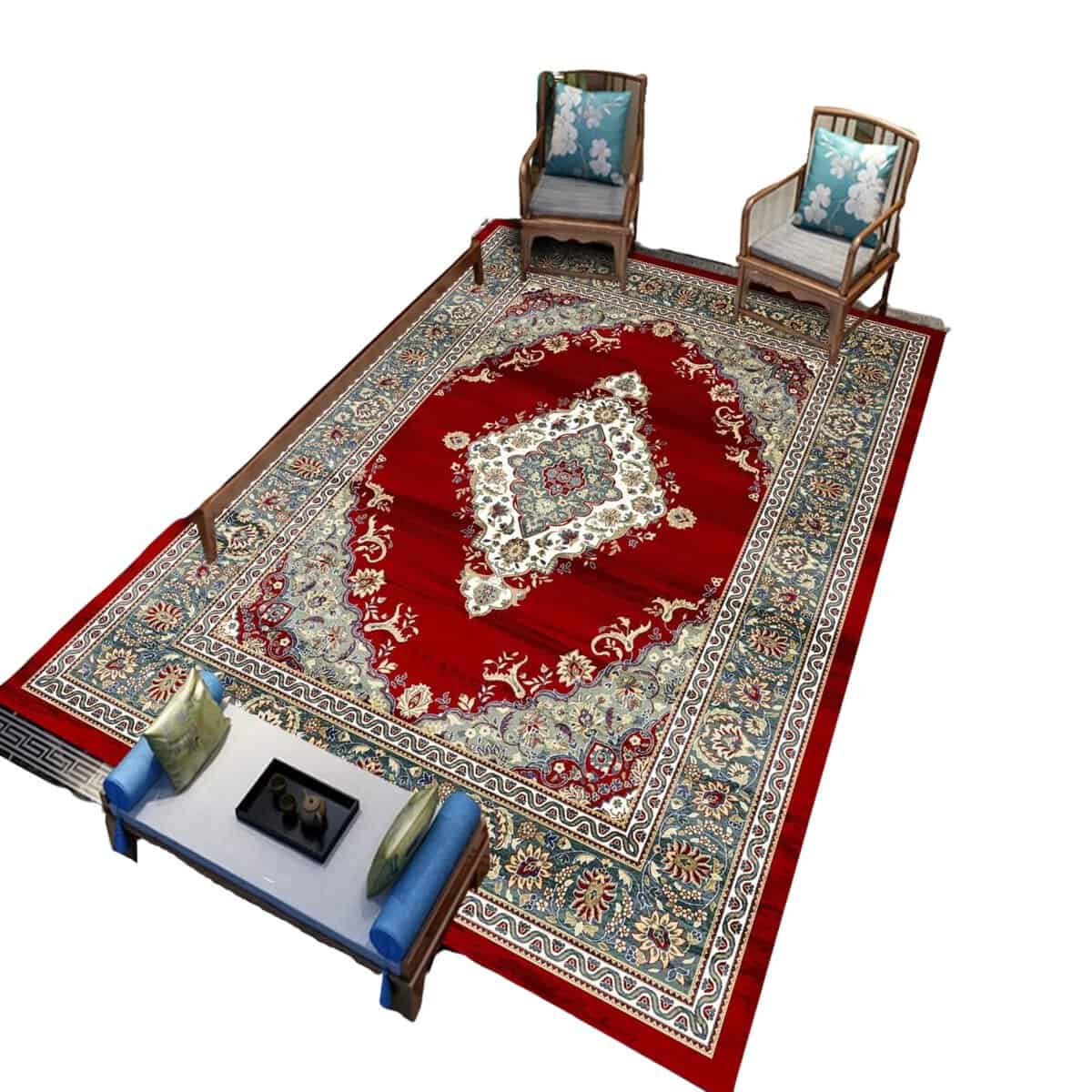 Tapis persan de luxe Tapis persan de luxe avec un design richement détaillé en rouge profond, parfait pour apporter une touche élégante et sophistiquée à votre salon. Fabriqué avec des matériaux de haute qualité pour une douceur et un confort exceptionnels. Motifs traditionnels persans ajoutant une esthétique intemporelle et un charme oriental à votre intérieur. Idéal pour les grands espaces, offrant à la fois style et fonctionnalité. Un choix parfait pour ceux qui recherchent l'élégance et le raffinement dans leur décoration
