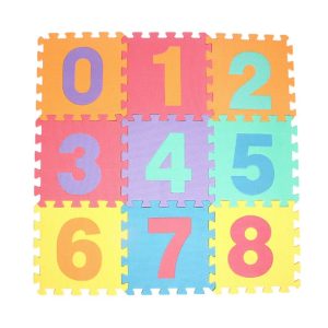 tapis puzzle en mousse pour enfants, aux motifs éducatif avec chiffres et lettres disponible en 10 pièces.
