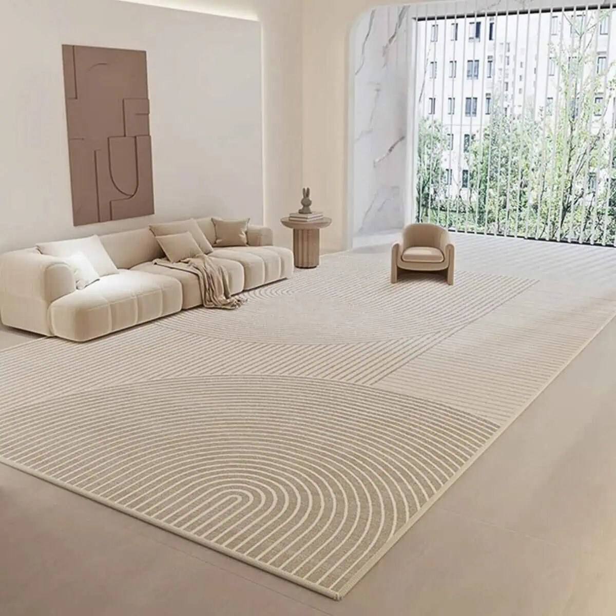 Tapis salon style minimaliste Un tapis salon style minimaliste avec son design épuré, ses lignes simples et ses teintes neutres créent un effet visuel apaisant et raffiné. Parfait pour les intérieurs modernes, ce tapis met en valeur l'espace sans le surcharger, offrant une ambiance à la fois chic et sereine.
