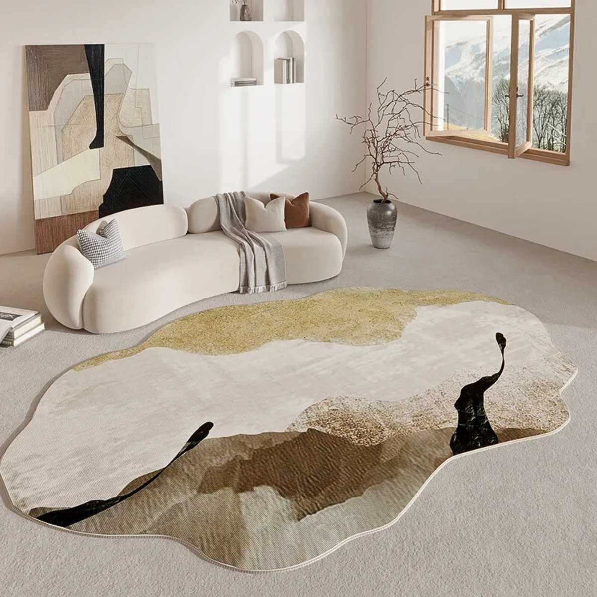Tapis beige irrégulier Découvrez notre tapis beige irrégulier. Design unique et couleur neutre pour un confort moderne et durable dans votre intérieur.