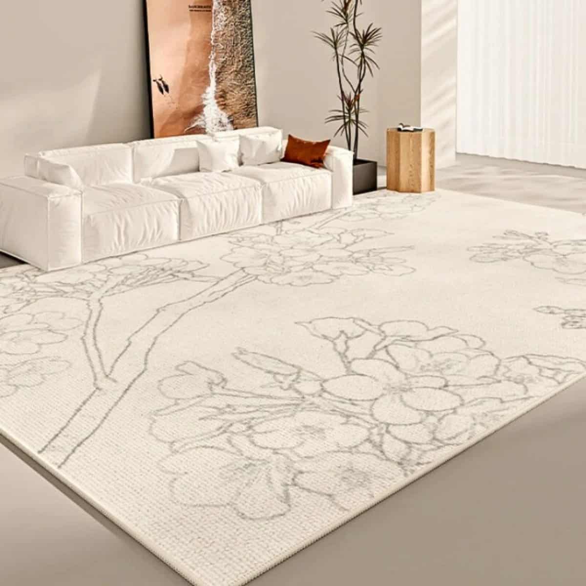 Tapis blanc crème motif floral Tapis blanc crème motif floral