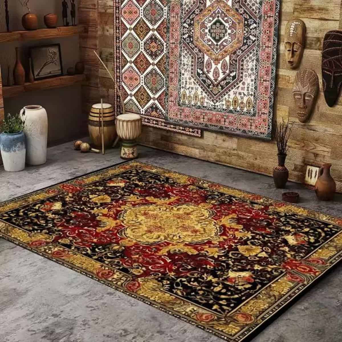 Tapis oriental lavable de grande surface tapis oriental présentant un motif central élaboré. Les motifs sont symétriques, avec un agencement de couleurs qui attire l'attention vers le centre du tapis. Les couleurs sont riches et profondes. texture douce, épaisse et une durabilité exceptionnelle.