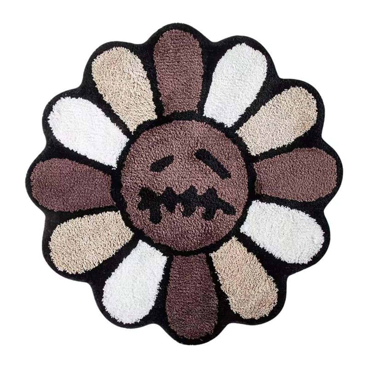 Tapis de fleurs rétro Tapis de fleurs tufté de couleur marron et blanc en forme de fleur avec un visage boudeur au centre. Sa matière peluche apporte douceur et confort, idéal pour le salon ou la chambre à coucher.