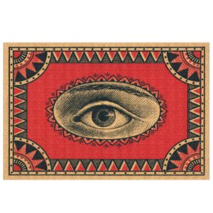 Tapis rouge créatif motif œil. Design artistique unique, confort agréable, entretien facile et durabilité assurée. Idéal pour un intérieur moderne et stylé.